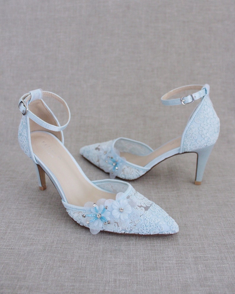 Light Blue Crochet Lace Pointy Toe HEELS With Flower Appliques - Etsy