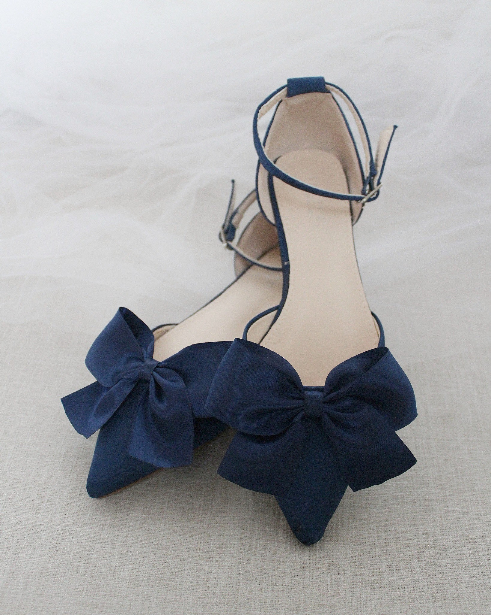 Navy Satin Pointy Toe Flats With FRONT SATIN BOW, Fall Wedding Shoes ...
