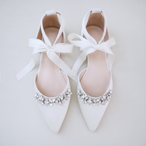 Ivory Satin Pointy Toe flats with FLORAL RHINESTONES and Satin Tie, Women Wedding Shoes, Bridal Flats, Bridal Shoes, Bride Shoes image 1