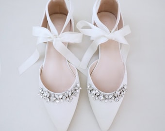 Ivory Satin Pointy Toe flats with FLORAL RHINESTONES and Satin Tie, Women Wedding Shoes, Bridal Flats, Bridal Shoes, Bride Shoes