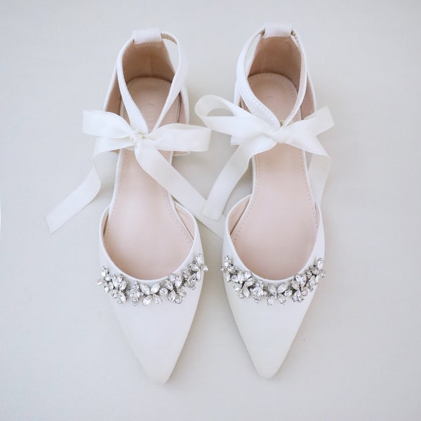 Ivory Satin Pointy Toe flats with FLORAL RHINESTONES and Satin Tie, Women Wedding Shoes, Bridal Flats, Bridal Shoes, Bride Shoes