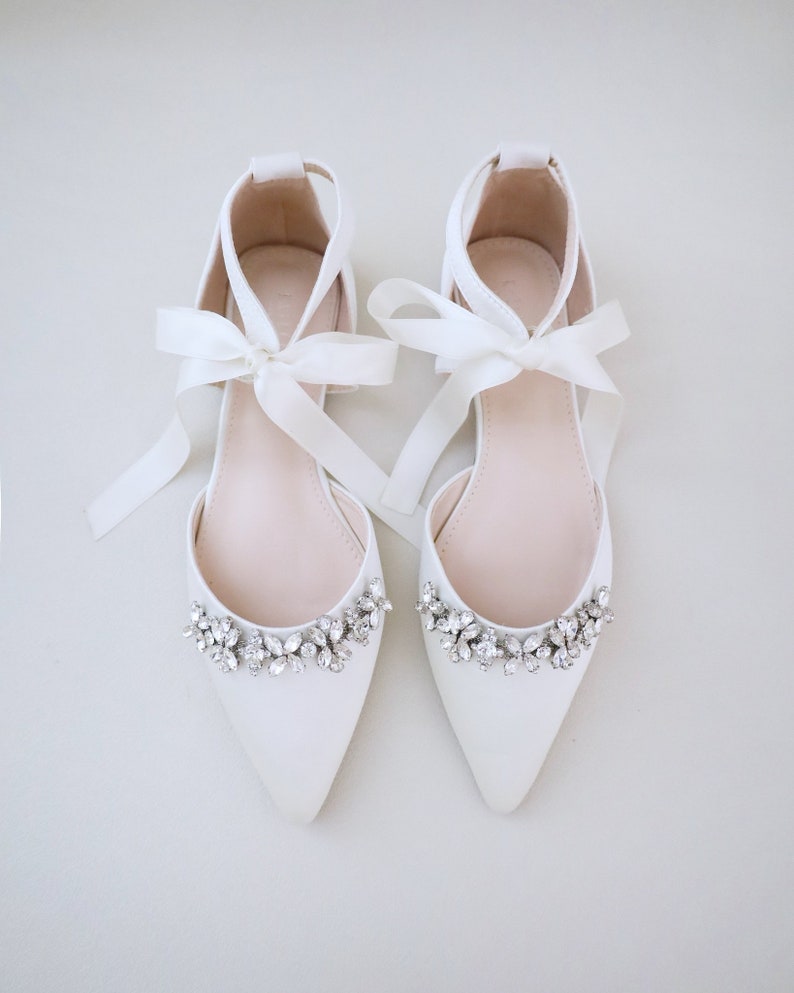 Ivory Satin Pointy Toe flats with FLORAL RHINESTONES and Satin Tie, Women Wedding Shoes, Bridal Flats, Bridal Shoes, Bride Shoes image 1