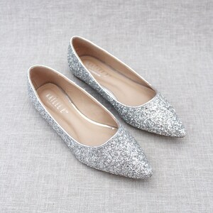 Silver Rock Glitter Pointy Toe Flats With Oversized SATIN BOW, Women ...