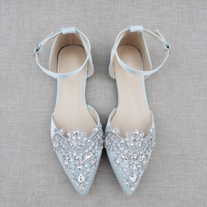 Light Blue Satin Pointy Toe Flats with Sparkly RHINESTONES APPLIQUE , Women Wedding Shoes, Bridal Shoes, Something Blue, Bridesmaids Shoes image 2