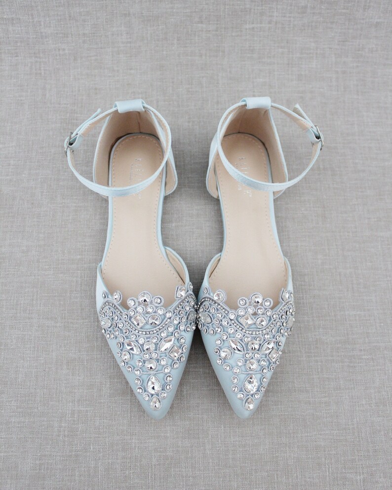 Light Blue Satin Pointy Toe Flats with Sparkly RHINESTONES APPLIQUE , Women Wedding Shoes, Bridal Shoes, Something Blue, Bridesmaids Shoes image 2