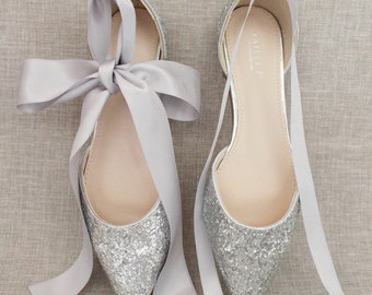 Silver Rock Glitter Pointy Toe Flats with satin ANKLE TIE or BALLERINA Lace Up, Wedding Shoes, Bride Shoes, Bridesmaids Shoes, Holiday Shoes