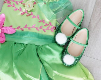 TINKERBELL INSPIRED - Green Rock Glitter Mary Jane with Faux Fur Puff for Girls Costume Shoes, Halloween Shoes, Tinkerbell Shoes