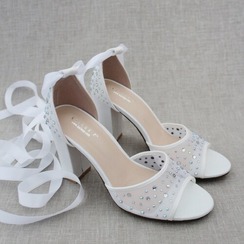 Embellished Mesh Block Heel Sandals with BALLERINA LACE UP - Women Wedding  Shoes, Bridesmaids Shoes, Bridal Shoes, Holiday Shoes - Women's Shoes