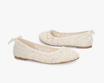 Ivory Crochet Lace Flats with BACK DAINTY BOW  - Bridal Shoes, Women Wedding Shoes, Bridesmaid Shoes