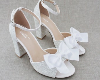 White Rock Glitter Block Heel Sandals with FRONT BOW - Women Wedding Shoes, Bridesmaids Shoes, Bridal Shoes, Holiday Shoes