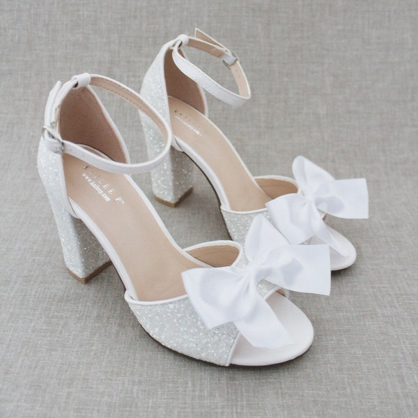 White Rock Glitter Block Heel Sandals with FRONT BOW - Women Wedding Shoes, Bridesmaids Shoes, Bridal Shoes, Holiday Shoes