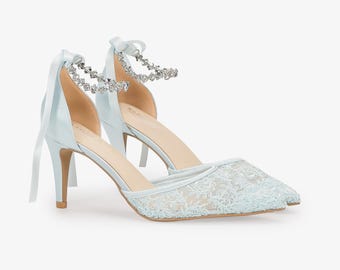 Light Blue Crochet Lace Pointy toe HEELS with Amaryllis Crystal Strap - Women Wedding Shoes, Bridesmaid Shoes, Bridal Shoes, Something Blue