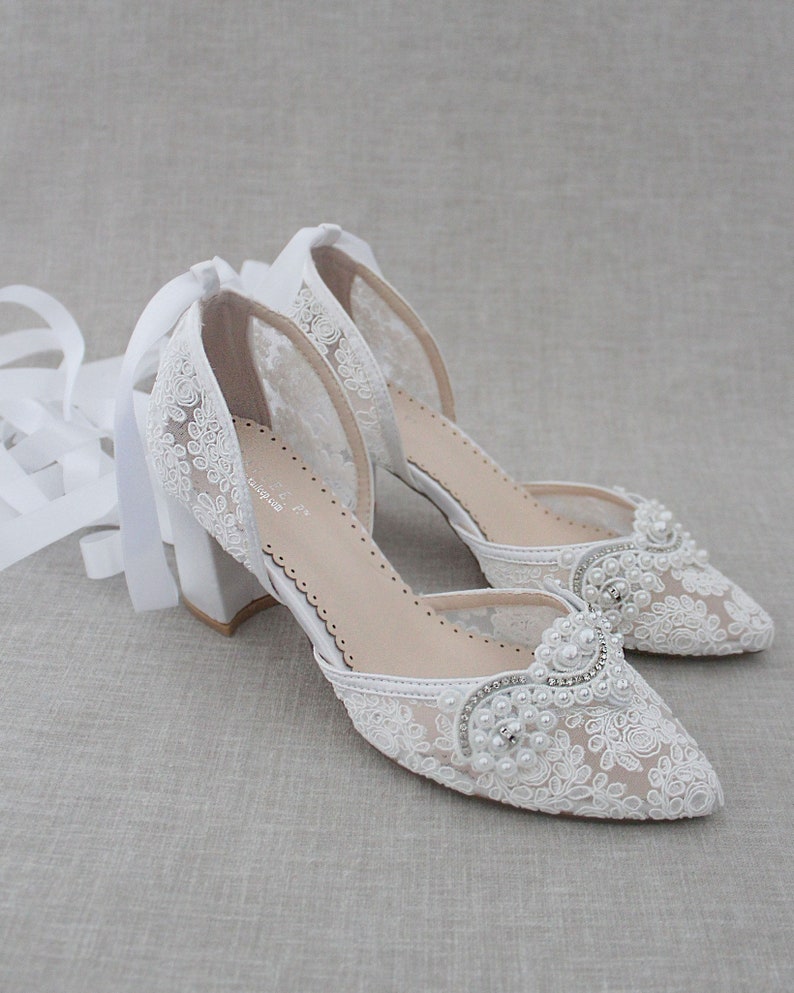 White Crochet Lace Almond Toe Block Heel With Small Pearls - Etsy