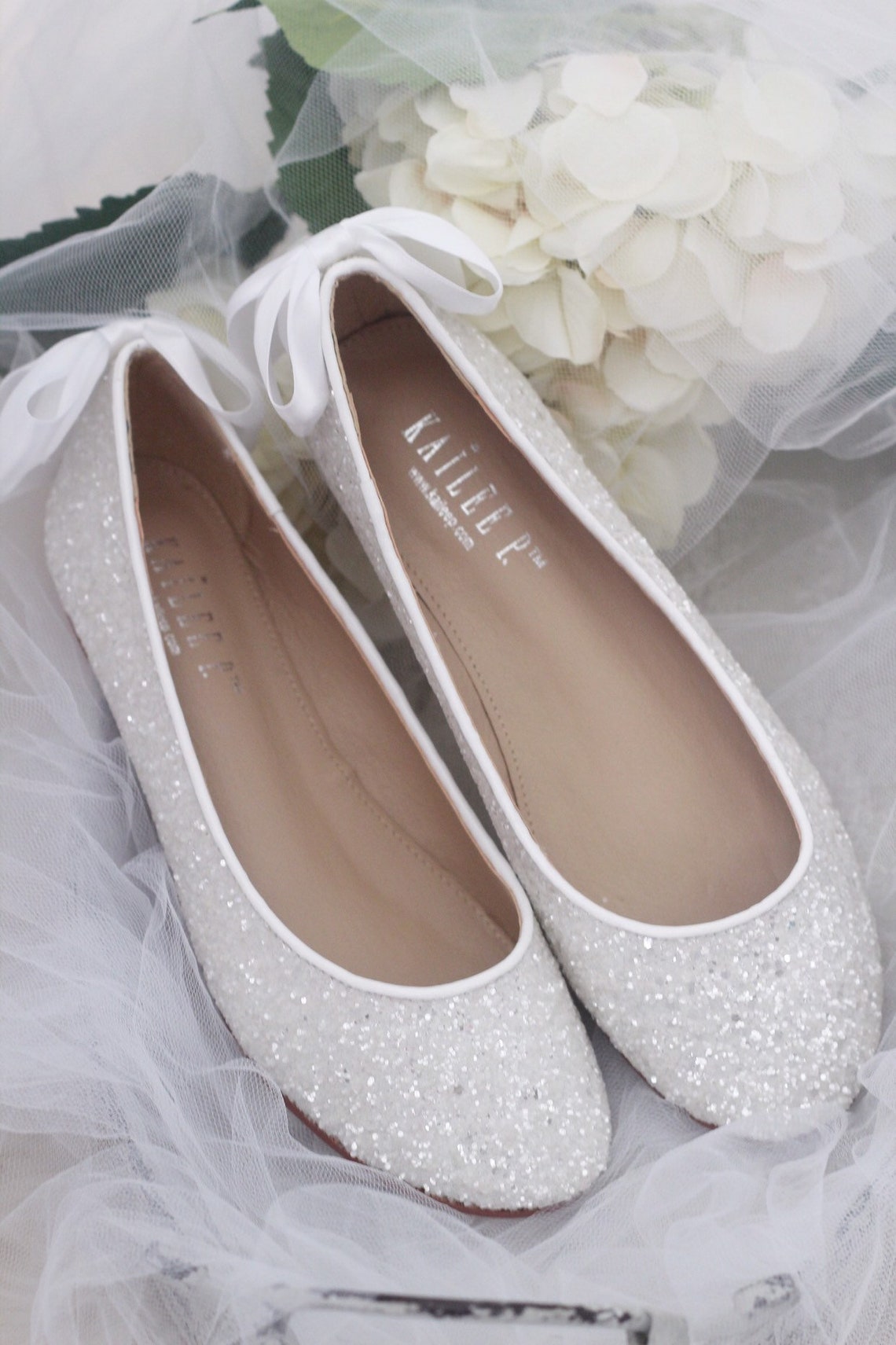 White Rock Glitter Flats with Back Satin Bow Bridal Shoes image 1