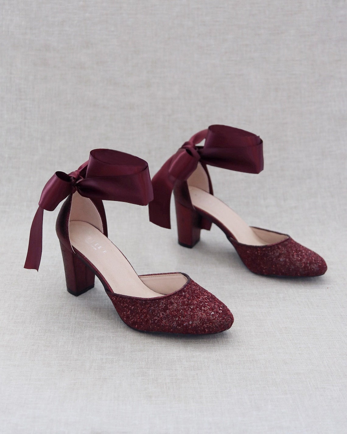 Burgundy Rock Glitter Block Heel with WRAPPED SATIN TIE Women image 1