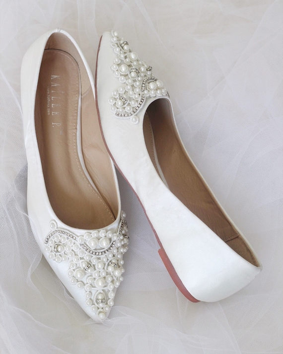 Off White Satin Pointy Toe Flats with 