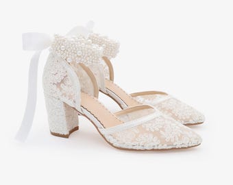 White and Ivory Crochet Lace Almond Toe Block Heel with Perla Ankle Strap, Women Wedding Shoes, Bridesmaids Shoes, Bridal Shoes, Block Heels