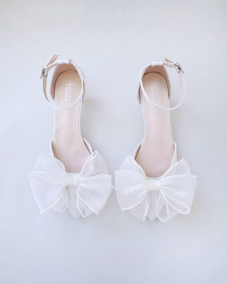 Ivory Satin Pointy Toe Low Heels with Layered Organza Bow, Fall Wedding Shoes, Bridal Shoes, Bridal Low Heels, Kitten Heels image 3