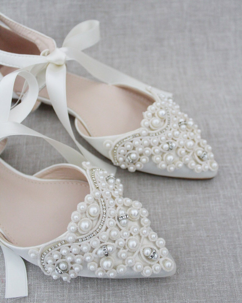 Ivory Satin Pointy Toe Flats With OVERSIZED PEARLS APPLIQUE - Etsy