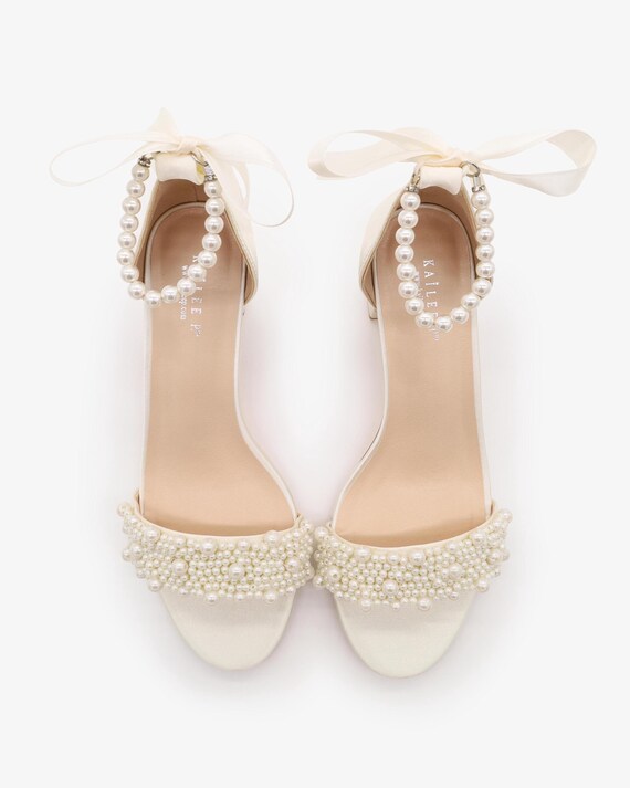 Ivory Satin Block Heel Sandals With Perla Applique and All Pearls Strap,  Flower Girls Shoes, Jr.bridesmaid Shoes, Women Sandals - Etsy