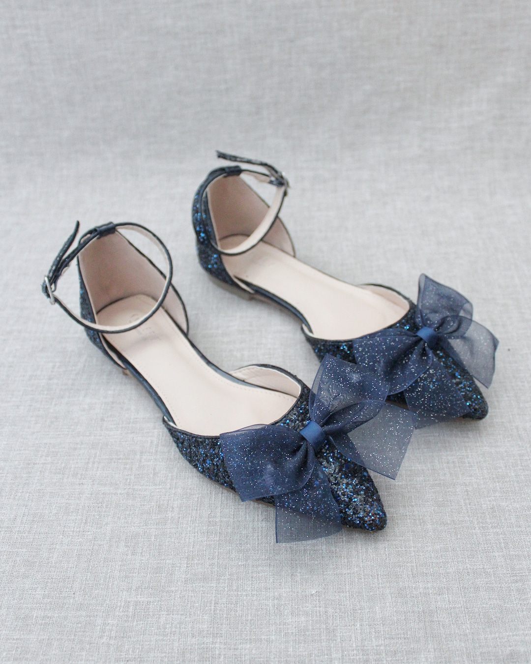 Navy Rock Glitter Pointy Toe Flats With Ankle Strap &amp; Organza Bow, Fall ...