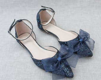 Navy Rock Glitter Pointy Toe Flats with Ankle Strap & Organza Bow, Fall Wedding Shoes, Bride Shoes, Bridesmaids Shoes, Holiday Shoes