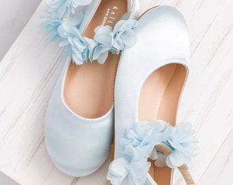 Light Blue Satin Flats with Chiffon Flowers Ankle Strap -  perfect for weddings, flower girls shoes, jr. bridesmaid shoes