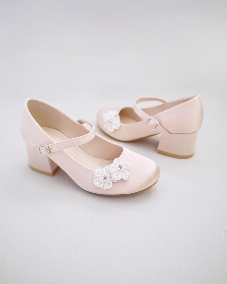 Champagne Girls Satin Mary Jane Block Heel With All Pearls Chassia ...