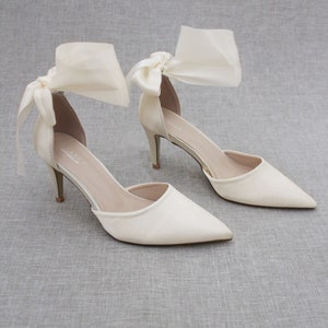 with and Ivory Pointed Satin Toe Bow Women's Stiletto Heels
