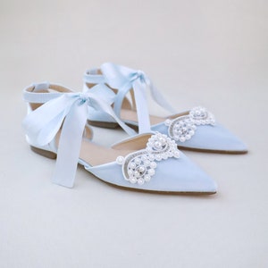 Light Blue Satin Pointy Toe Flats with SMALL PEARLS APPLIQUE and Satin Tie , Women Wedding Shoes, Something Blue, Wedding Flats, Satin Flats image 4