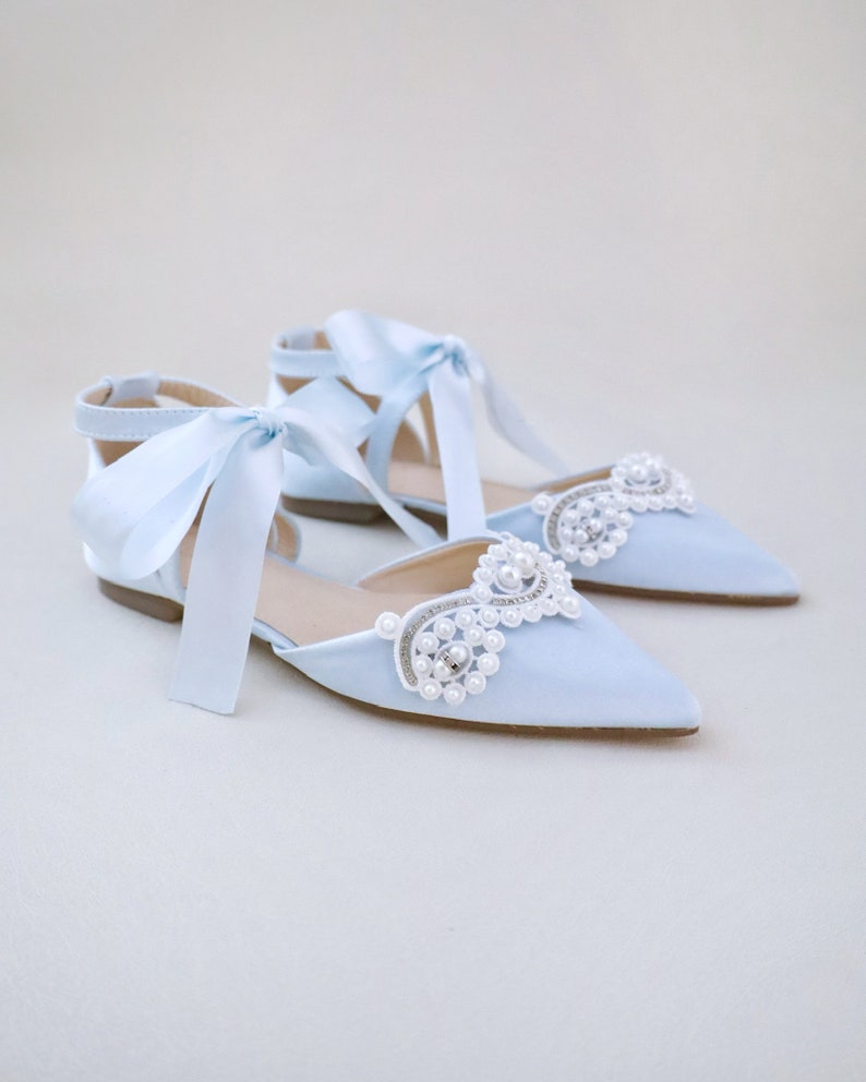 Light Blue Satin Pointy Toe Flats with SMALL PEARLS APPLIQUE and Satin Tie , Women Wedding Shoes, Something Blue, Wedding Flats, Satin Flats image 4