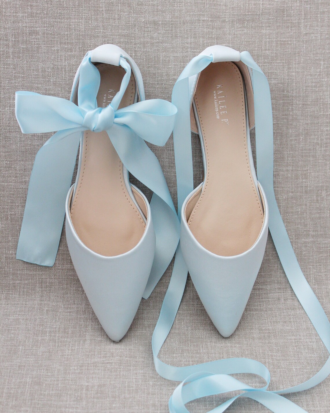 Light Blue Satin Pointy Toe flats with Satin ANKLE TIE Or image 1