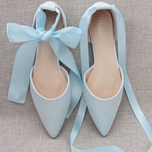 Light Blue Satin Pointy Toe flats with Satin ANKLE TIE Or BALLERINA Lace Up, Wedding Shoes, Something Blue, Blue Bridesmaids Shoes image 1