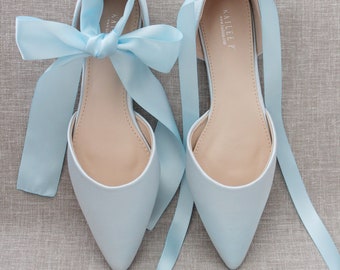 Light Blue Satin Pointy Toe flats with Satin ANKLE TIE Or BALLERINA Lace Up, Wedding Shoes, Something Blue, Blue Bridesmaids Shoes