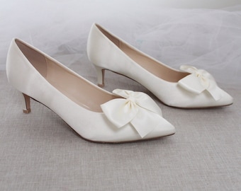 Ivory Satin Pointy Toe Pump Low Heels with Satin Bow, Women Wedding Shoes, Bridesmaids Shoes, Bridal Shoes, Women Heels