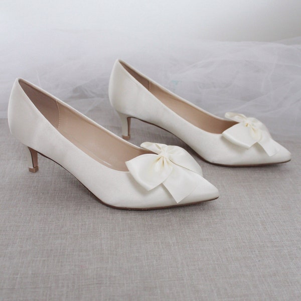 Ivory Satin Pointy Toe Pump Low Heels with Satin Bow, Women Wedding Shoes, Bridesmaids Shoes, Bridal Shoes, Women Heels