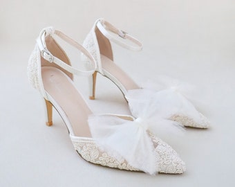 Ivory Crochet Lace Pointy toe HEELS with Front TULLE Bow, Women Wedding Shoes, Bridesmaid Shoes, Bridal Heels, Women Heels, Prom Shoes