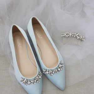 Light Blue Satin Pointy Toe Flats with FLORAL RHINESTONES Embellishments, Women Shoes, Light Blue Wedding, Something Blue, Bridesmaid Shoes HAIR COMB