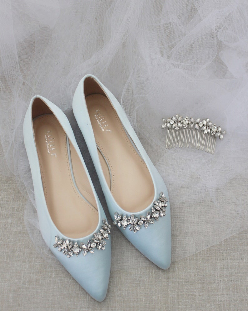 Light Blue Satin Pointy Toe Flats with FLORAL RHINESTONES Embellishments, Women Shoes, Light Blue Wedding, Something Blue, Bridesmaid Shoes HAIR COMB