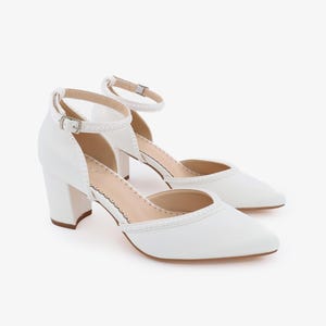 White & Ivory Satin Almond Toe Block Heels with MINI PEARLS - Women Wedding Shoes, Bridesmaid Shoes, Bridal Heels, Pearls Shoes