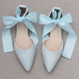 Light Blue Satin Pointy Toe flats with Satin ANKLE TIE Or BALLERINA Lace Up, Wedding Shoes, Something Blue, Blue Bridesmaids Shoes image 2