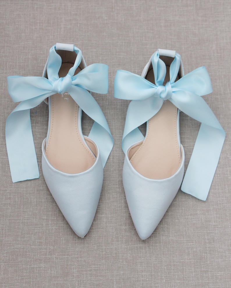 Light Blue Satin Pointy Toe flats with Satin ANKLE TIE Or BALLERINA Lace Up, Wedding Shoes, Something Blue, Blue Bridesmaids Shoes image 2