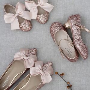 Rose Gold Rock Glitter Pointy Toe Flats with Oversized BLUSH SATIN BOW, Wedding Flats, Bridesmaid Shoes, Glitter Shoes, Holiday Shoes image 7
