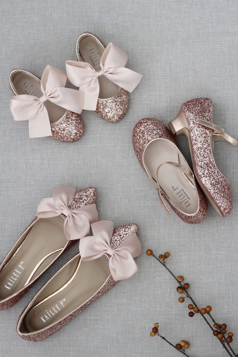 Rose Gold Rock Glitter Pointy Toe Flats with Oversized BLUSH SATIN BOW, Wedding Flats, Bridesmaid Shoes, Glitter Shoes, Holiday Shoes image 7