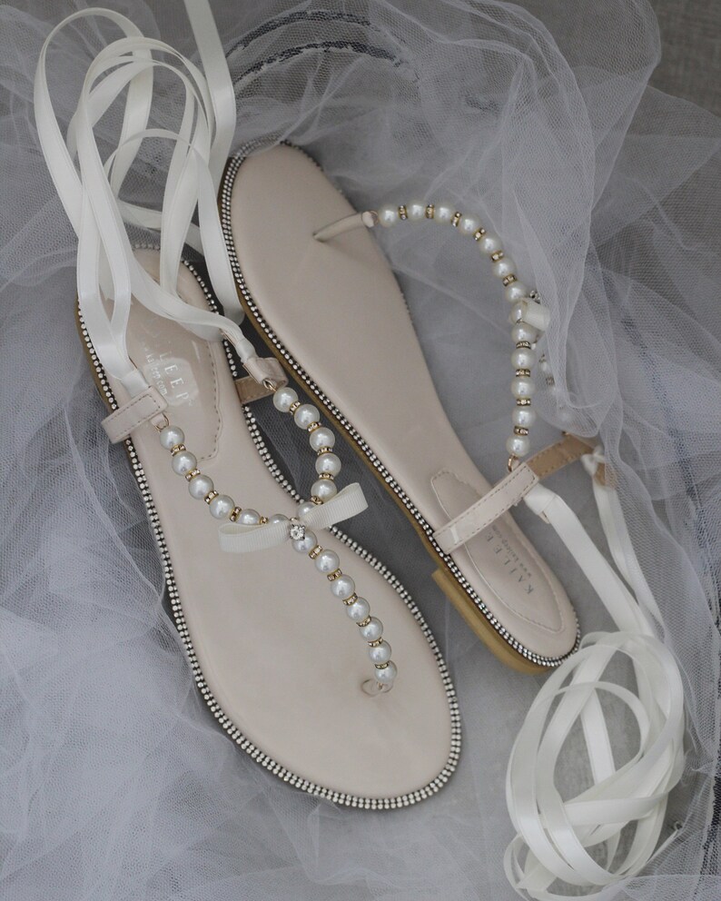 Women & Girls Flat Sandals T-strap Beige Pearl With - Etsy