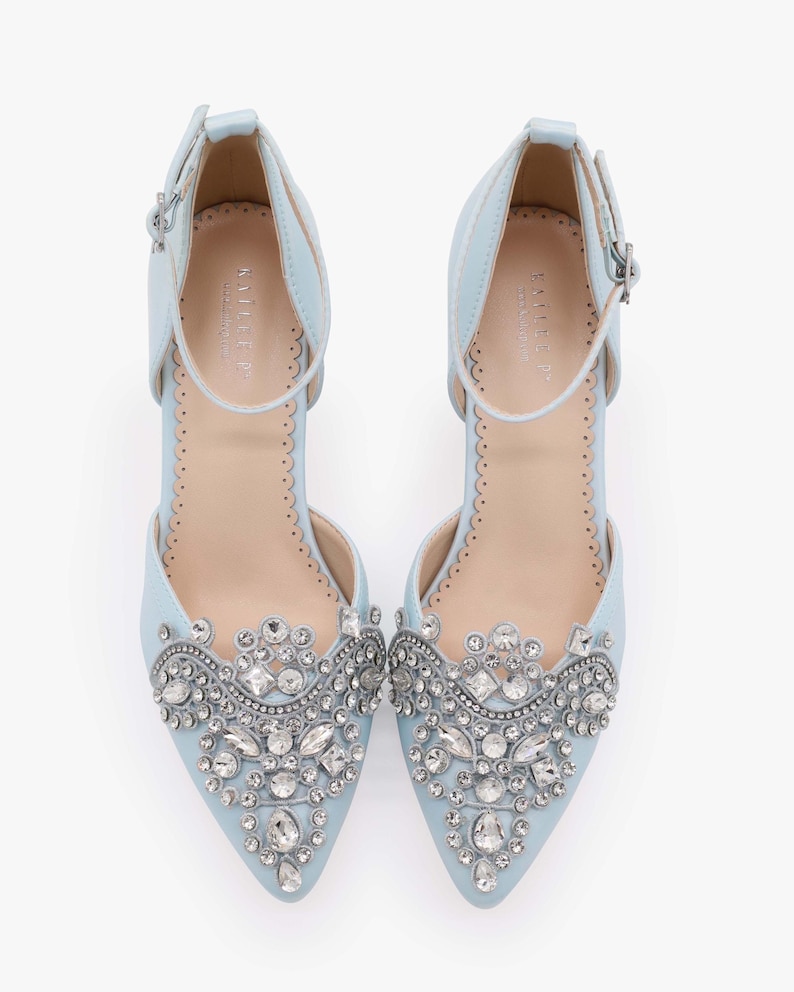 Light Blue Satin Block Heel With Rhinestones Applique - Women Wedding ...