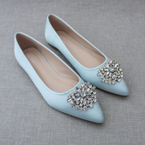 Light Blue Pointy Toe Flats with OVERSIZED RHINESTONES BROOCH - Women Wedding Shoes, Bridesmaid Shoes ,Bridal shoes, Something Blue