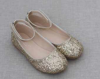 Ballerines à paillettes dorées avec bride à la cheville - Chaussures pour filles d'honneur, filles d'automne, chaussures pour bébés et tout-petits, chaussures de vacances