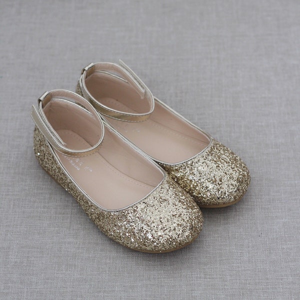 Gold rock glitter ballet flats with Ankle Strap - Flower Girl Shoes, Fall Girls Shoes, Infant and Toddler Shoes, Holiday Shoes