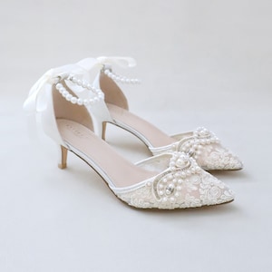 Ivory Crochet Lace Pointy Toe Wedding Low Heels with Small Pearls Applique, Bridal Shoes, Bridal Low Heels, Kitten Heel, Pearl Wedding Shoes